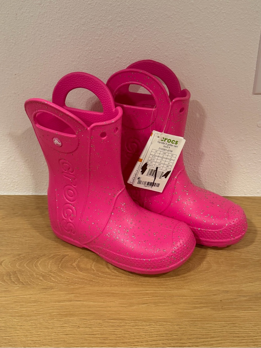 CROCS Kids Pink Glitter Handle Rain Boots